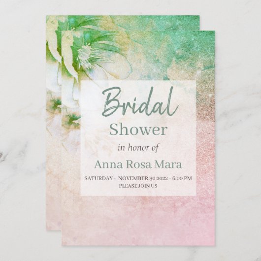 *~* BlumenGlitzer Aquamarin rosa Brautparty Einladung (Vorne/Hinten)