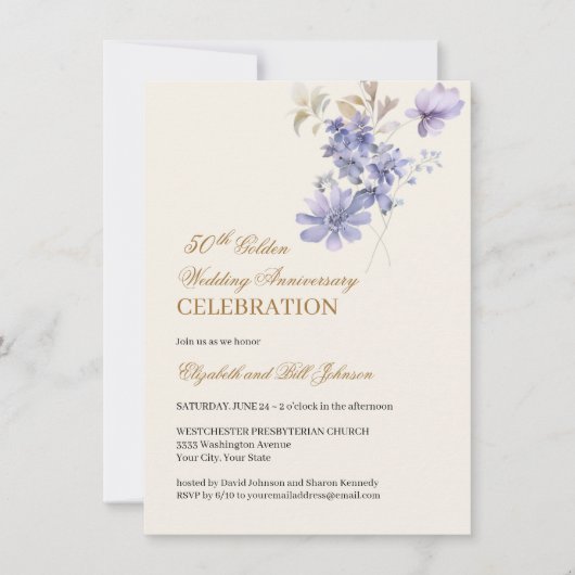 Blumengold 50. Hochzeitstag Lila Einladung (Vorderseite)