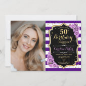 Blumengold Lila Foto 50. Geburtstag Einladung (Vorderseite)