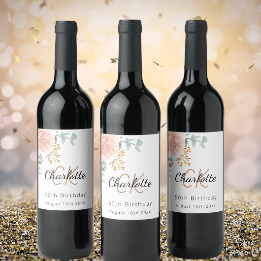 Blumengold-Monogramm Geburtstagsparty Weinetikett