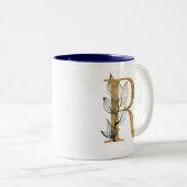 Blumengold Navy Blue Blätter Monogram Personalisie Zweifarbige Tasse (VorderseiteRechts)