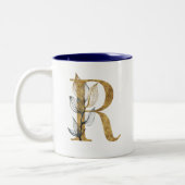 Blumengold Navy Blue Blätter Monogram Personalisie Zweifarbige Tasse (Links)