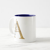Blumengold Navy Blue Blätter Monogram Personalisie Zweifarbige Tasse (Vorderseite Links)