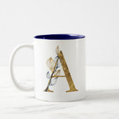 Blumengold Navy Blue Blätter Monogram Personalisie Zweifarbige Tasse (Links)