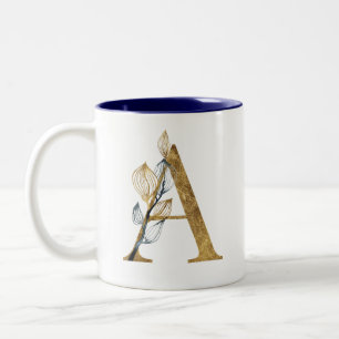 Blumengold Navy Blue Blätter Monogram Personalisie Zweifarbige Tasse