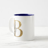 Blumengold Navy Blue Blätter Monogram Personalisie Zweifarbige Tasse (Vorderseite Links)