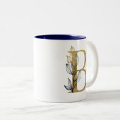 Blumengold Navy Blue Blätter Monogram Personalisie Zweifarbige Tasse (VorderseiteRechts)