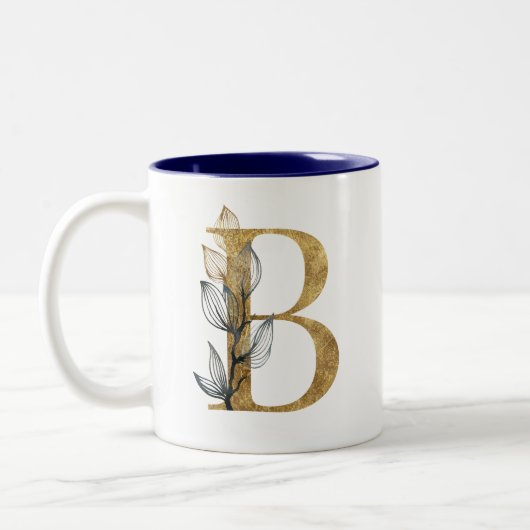 Blumengold Navy Blue Blätter Monogram Personalisie Zweifarbige Tasse (Links)