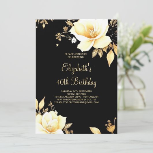 Blumengold und Schwarz Printable zum 40. Geburtsta Einladung (Stehend Vorderseite)