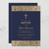 Blumengoldblauer Rose über die Taufe des schicken  Einladung (Vorne/Hinten)