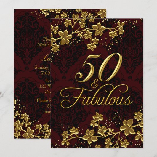 Blumengolddunkel Rot 50 Fantastischer Geburtstag Einladung (Vorne/Hinten)