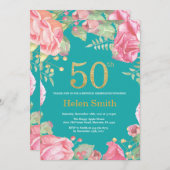 Blumengolden 50. Geburtstag und Aquamariner Glitze Einladung (Vorne/Hinten)