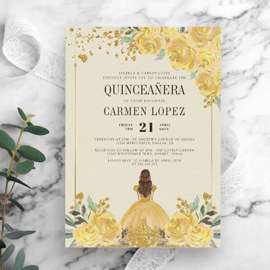 Blumengolden und Gelbe Prinzessin Quinceanera Glit Einladung