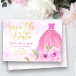 Blumengolden und rosa Prinzessenbraun Save The Date<br><div class="desc">Hübsches Blumengestein Save the Date - perfekt für eine Quinceanera oder süße 16 Feiern. Das Design umfasst ein rosa und goldenes Prinzessenkleid, wunderschöne rosa Rosen und Blume auf einem galaxischen Wasserfarbenwaschmittel. Save the Date wird in elegantem Skript geschrieben und die Vorlage ist bereit, um Ihr Veranstaltungsdatum hinzuzufügen. Bitte stöbern Sie...</div>