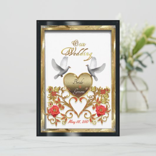 Blumengoldenes Herz der liebenden Tauben Hochzeits Einladung (Stehend Vorderseite)
