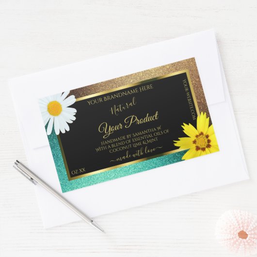 Blumengoldfarben und Aquamarine Schwarze Glitzer Rechteckiger Aufkleber (Umschlag)