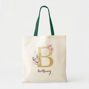 Blumengoldgrün Lila Personalisierte Monogramm Tragetasche