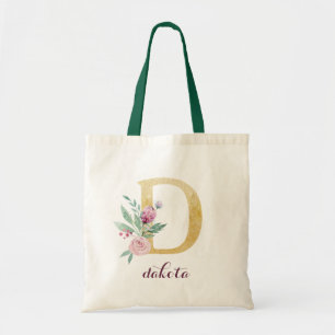 Blumengoldgrün Lila Personalisierte Monogramm Tragetasche
