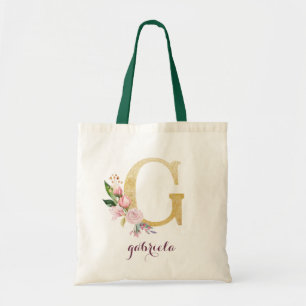 Blumengoldgrün Lila Personalisierte Monogramm Tragetasche