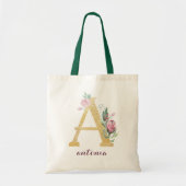 Blumengoldgrün Lila Personalisierte Monogramm Tragetasche (Vorne)