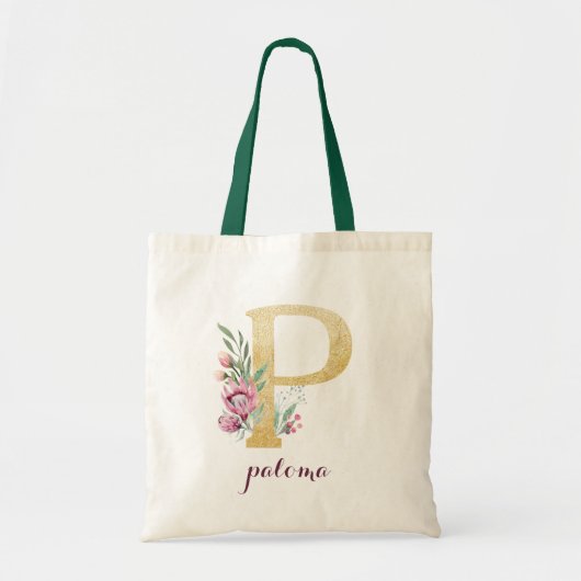 Blumengoldgrün Lila Personalisierte Monogramm Tragetasche (Vorne)