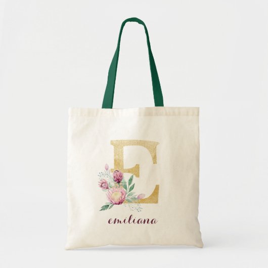 Blumengoldgrün Lila Personalisierte Monogramm Tragetasche (Vorne)