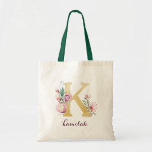 Blumengoldgrün Lila Personalisierte Monogramm Tragetasche