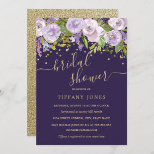 Blumengoldlila Confetti-Brautparty Einladung