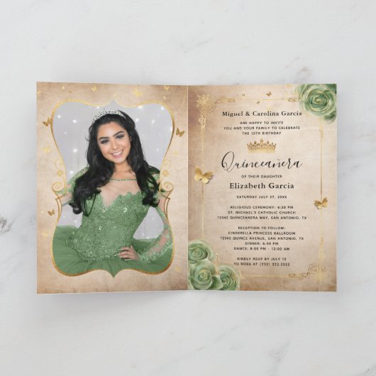 Blumengoldmagen Grünes Quinceañera Foto geklappt Einladung (Innenseite)
