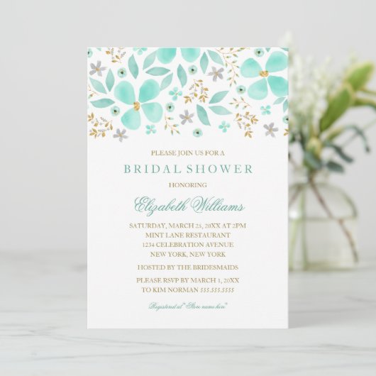 Blumengoldminze Leaf Bridal Dusche Einladung (Stehend Vorderseite)