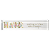 Blumengoldpink-Typografie Haarsalonmanager Namensplakette (Vorderseite)