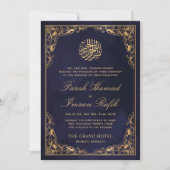 Blumengoldrahmen Blaue Navy Islamische Hochzeit Einladung (Vorderseite)