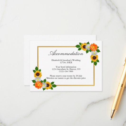 Blumengoldrahmen Hochzeitsunterkunft Begleitkarte (Vorderseite/Rückseite Beispiel)