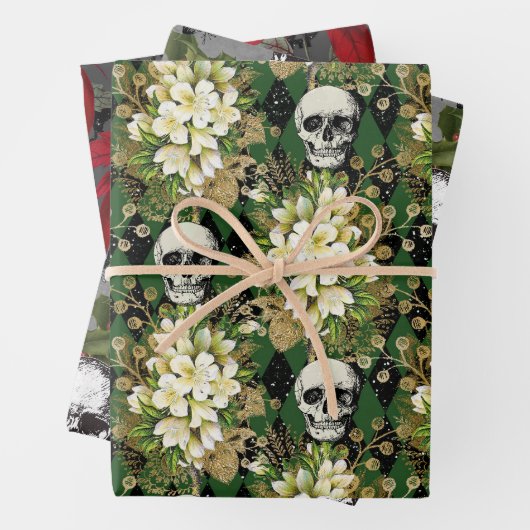 Blumengotik Grunge Weihnachten Skull Muster Geschenkpapier Set (Beispiel)
