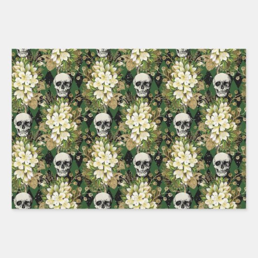 Blumengotik Grunge Weihnachten Skull Muster Geschenkpapier Set (Vorderseite)