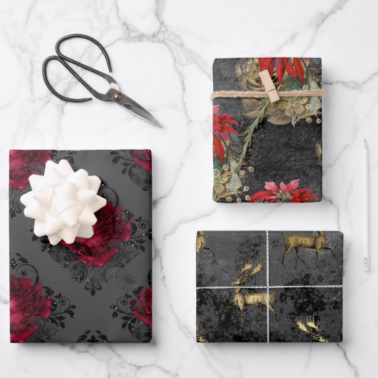 Blumengotik Grunge Weihnachtsmuster Geschenkpapier Set (Vorderseite)