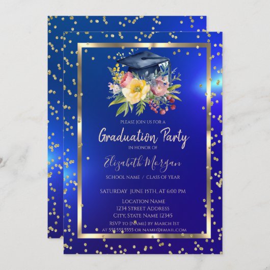 Blumengrad Cap Navy Blue Abschluss Einladung (Vorne/Hinten)