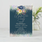 Blumengrafen, Confetti Navy Blue Abschluss Einladung (Stehend Vorderseite)