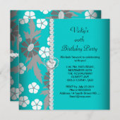 Blumengraue Aquamarine Geburtstagsparty Einladung (Vorne/Hinten)