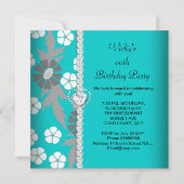 Blumengraue Aquamarine Geburtstagsparty Einladung (Vorderseite)
