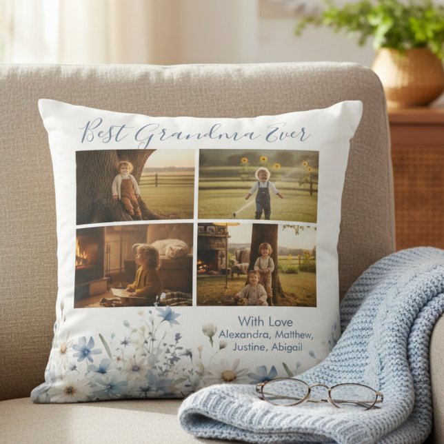 Blumengroßmutter-Fotocollage – Geschenk für Sie Kissen (Blue floral best grandma photo gift throw pillow)