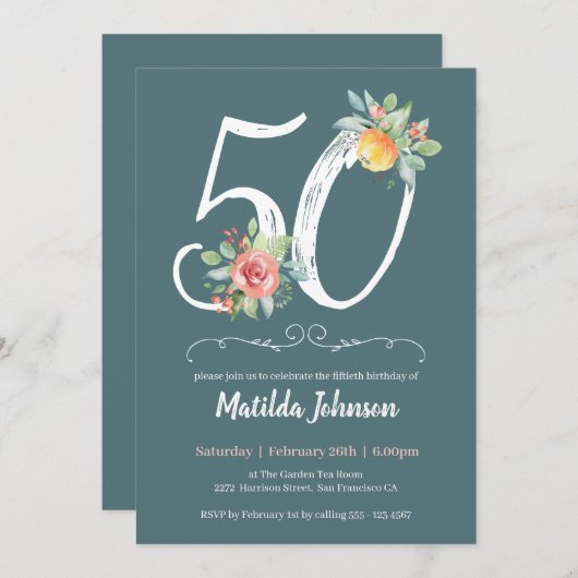 Blumengrün 50. Geburtstagsparty Einladung (Vorne/Hinten)