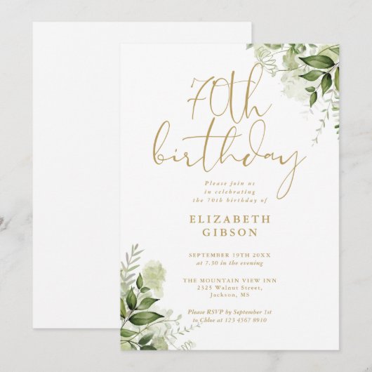 Blumengrün 70. Geburtstagsparty Einladung (Vorne/Hinten)