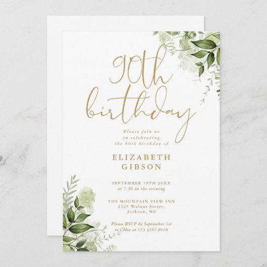 Blumengrün 90. Geburtstagsparty Einladung (Vorne/Hinten)