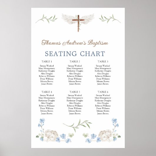Blumengrün Angel Cross Taufen Seating Chart Poster (Vorne)