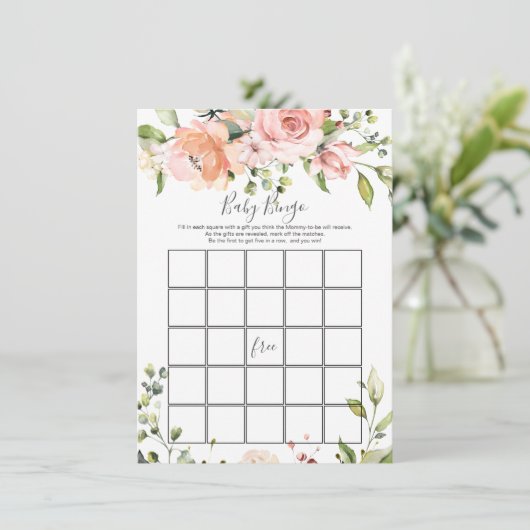 Blumengrün Baby Dusche Bingo Game Einladung (Stehend Vorderseite)