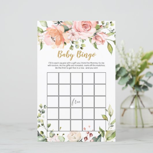 Blumengrün Baby Shower Bingo Game Paper Sheet (Stehend Vorderseite)