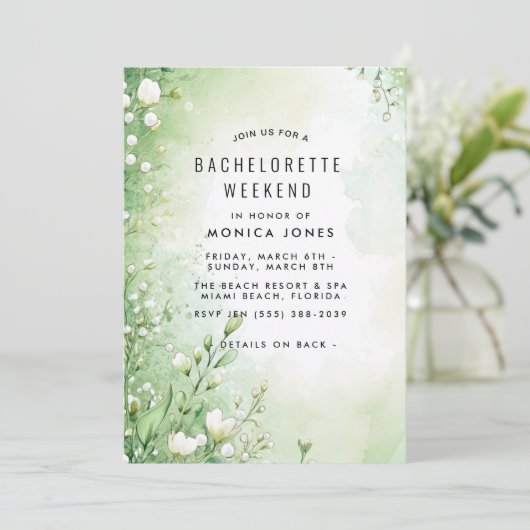 Blumengrün Bachelorette Wochenende Party Einladung (Stehend Vorderseite)