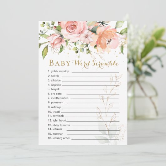 Blumengrün Blätter Baby Word Scramble Game Card (Stehend Vorderseite)