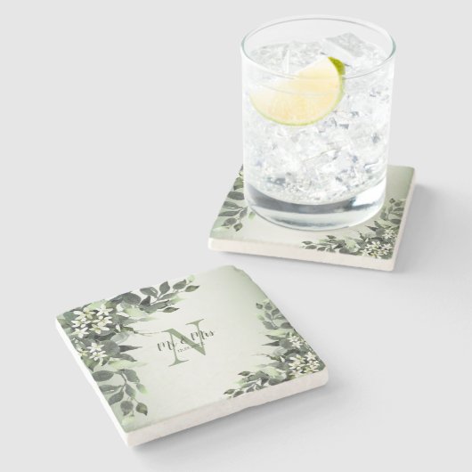 Blumengrün-Blätter für Hochzeiten Steinuntersetzer (Seitenansicht)